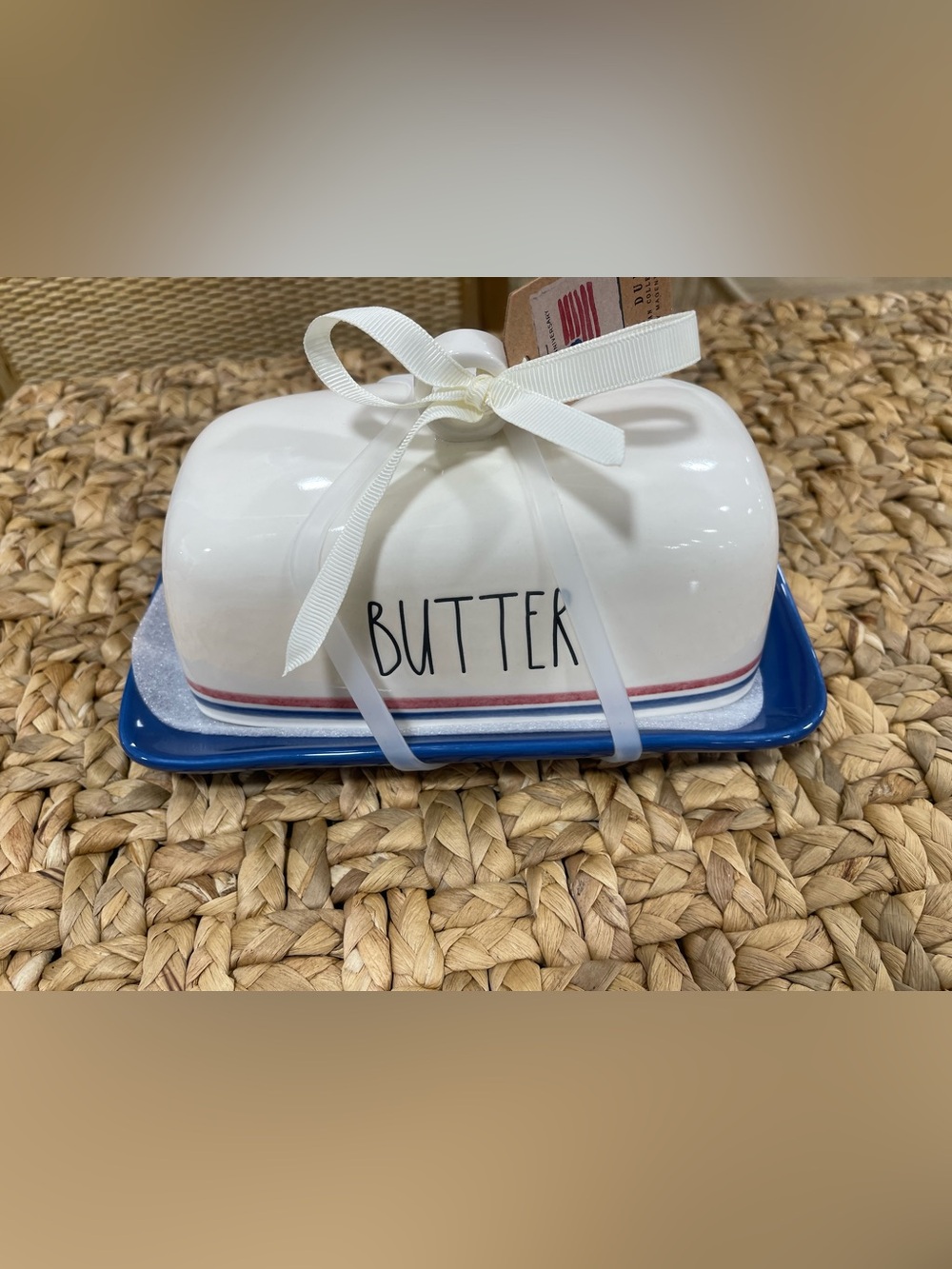 Rae Dunn covered BUTTER dish RED WHITE & BLUE - Brand new